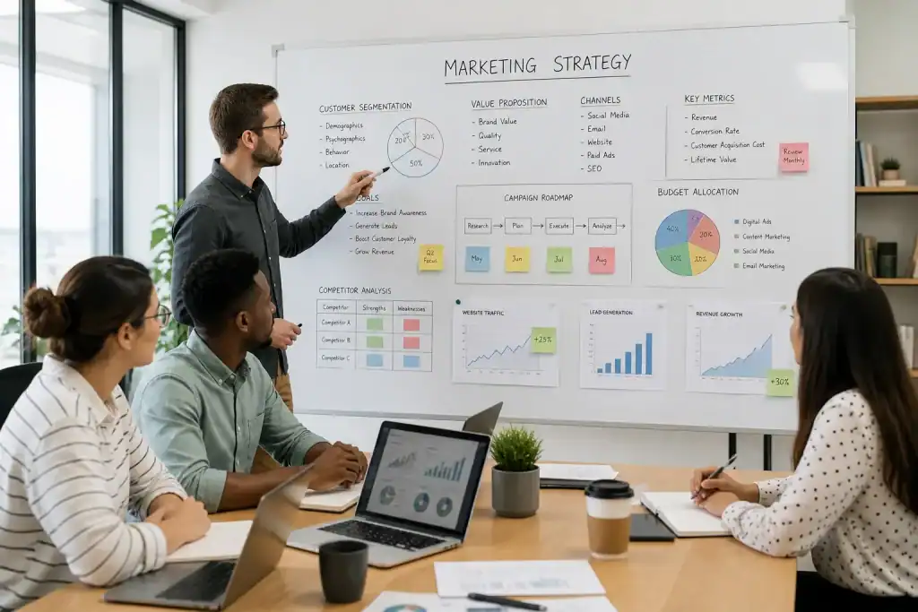 Digital marketing team presenting SEO strategy, lead generation metrics and campaign planning during a business meeting with performance charts and analytics.